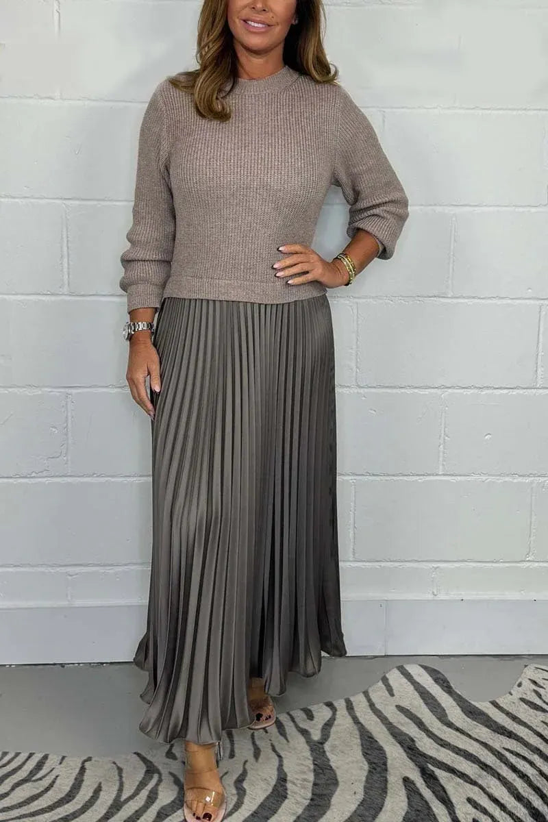 Ribbed Knit Sweater And Pleated Midi Skirt Set 4