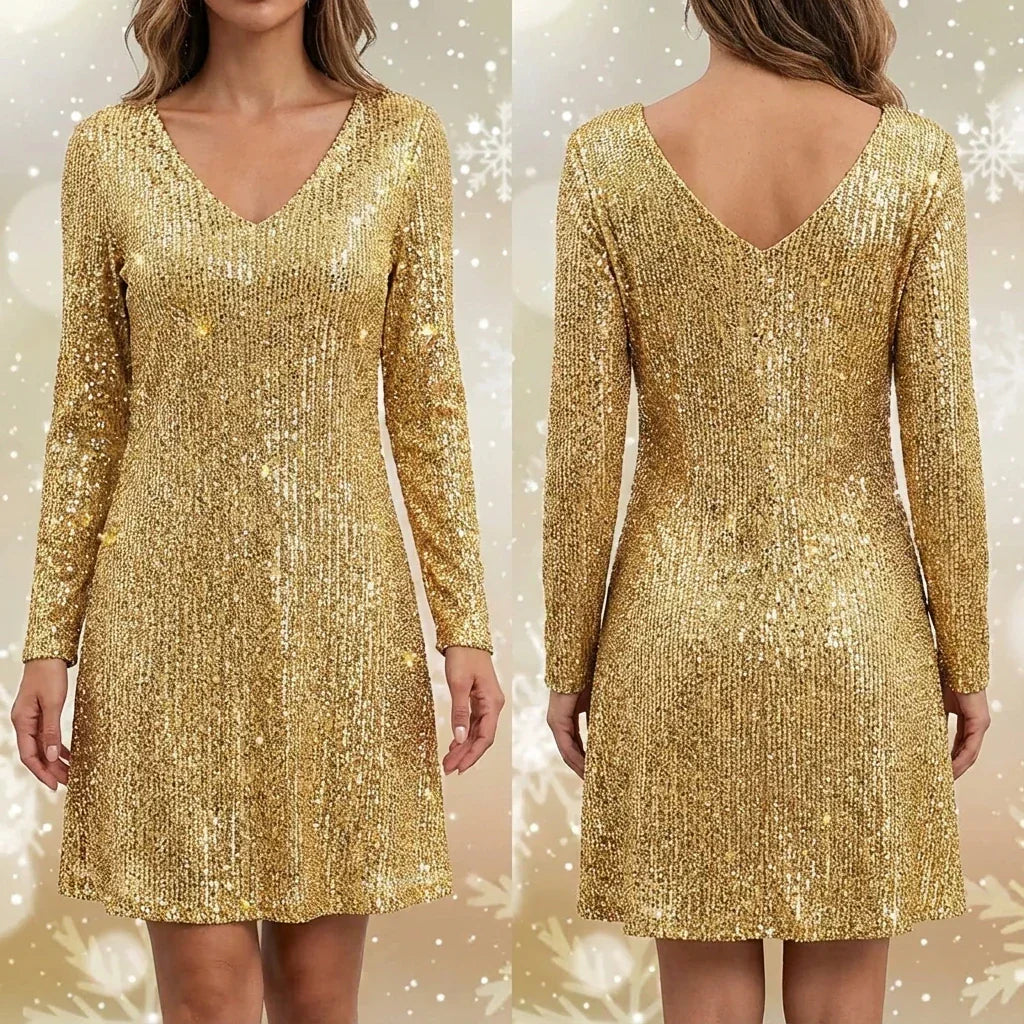 V-Neck Sequin Long Sleeve Wrap Bodycon Mini Dress