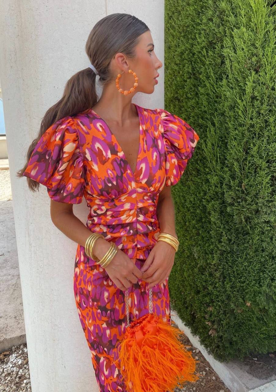 V-Neck Puff Sleeve Abstract Leopard Print Ruched Bodycon Midi Dress