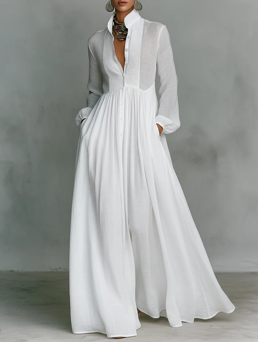 White Stand Collar Button Front Pintuck Long Sleeve Flowy Shirt Maxi Dress
