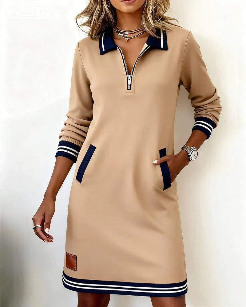 Polo Collar Quarter Zip Stripe Trim Long Sleeve Sweatshirt Mini Dress