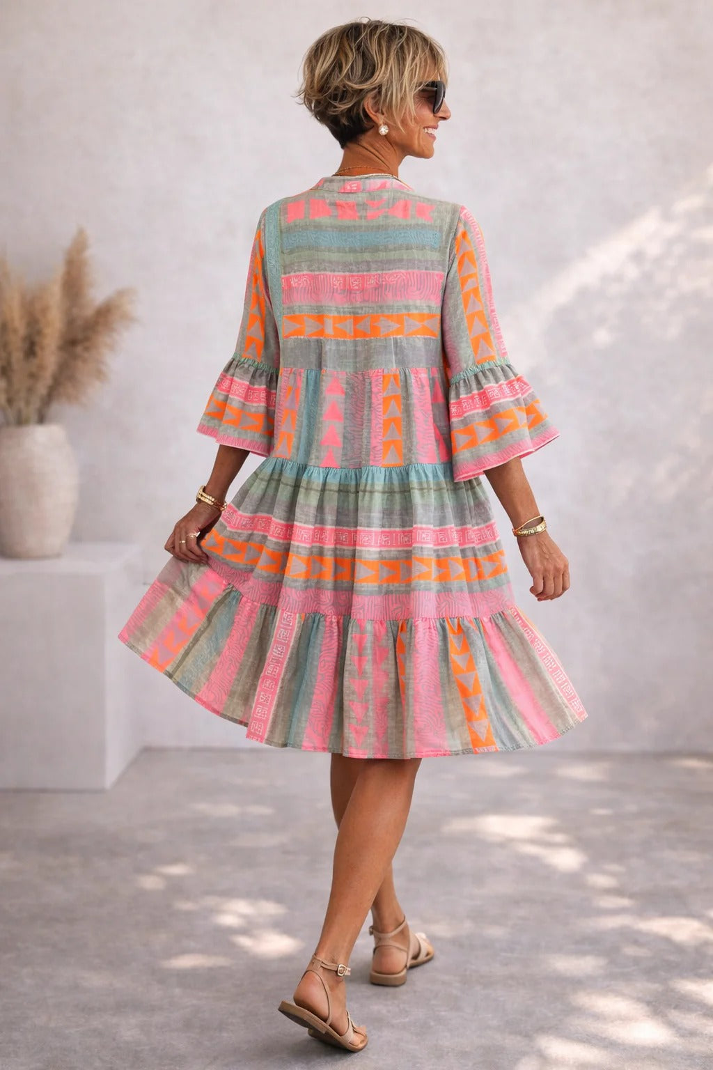 Split Neck Bell Sleeve Geometric Print Tiered Mini Dress 3