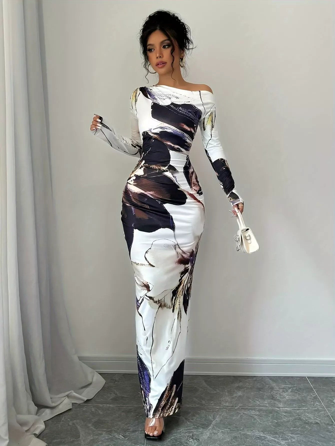 White Asymmetric Off-Shoulder Abstract Print Long Sleeve Ruched Bodycon Maxi Dress 2