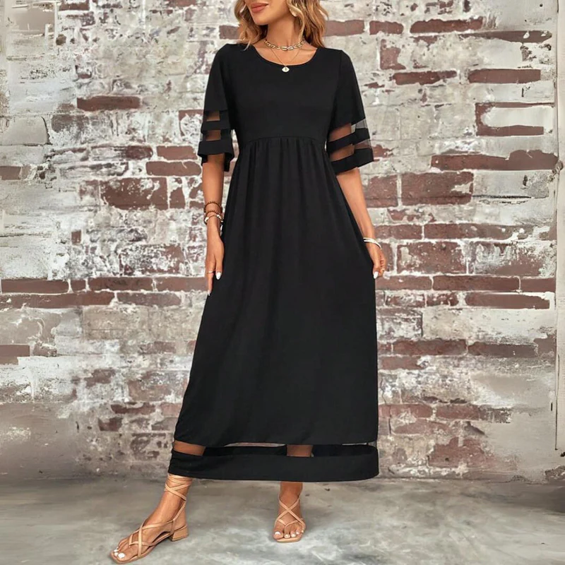Round Neck Mesh Panel Half Sleeve Empire Waist A-Line Maxi Dress