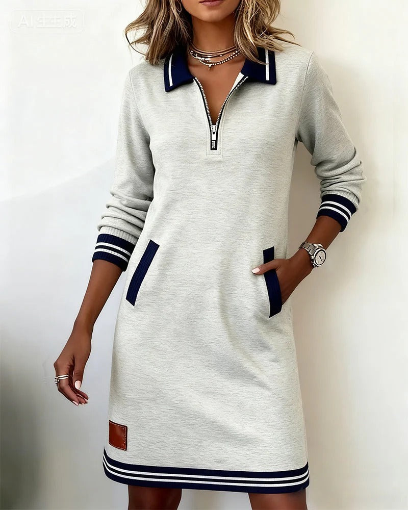 Polo Collar Quarter Zip Stripe Trim Long Sleeve Sweatshirt Mini Dress