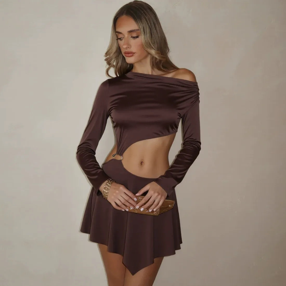 Brown Asymmetric One Shoulder Long Sleeve O-Ring Cutout Satin Mini Dress