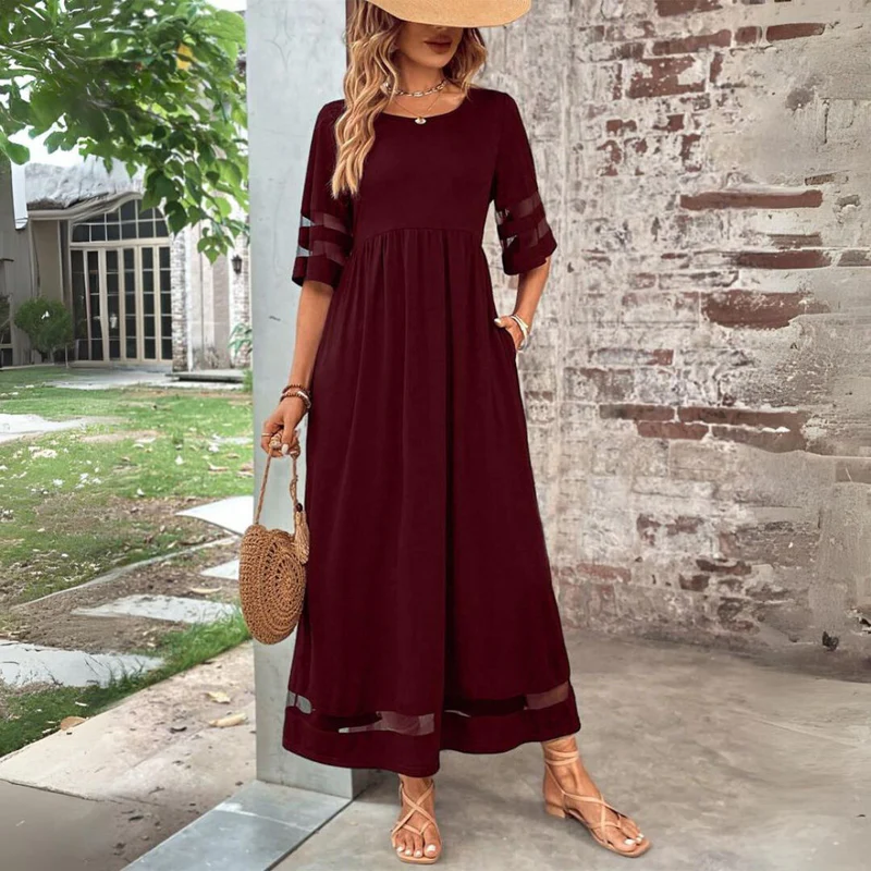 Round Neck Mesh Panel Half Sleeve Empire Waist A-Line Maxi Dress