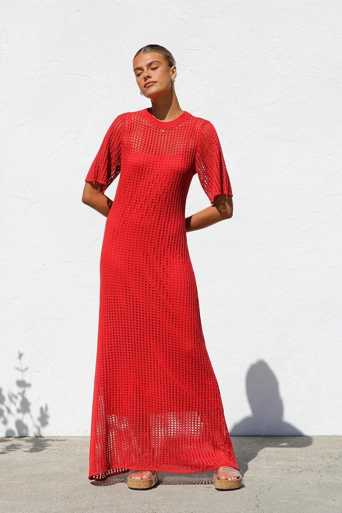 Round Neck Open Knit Crochet Short Sleeve Column Maxi Dress 43