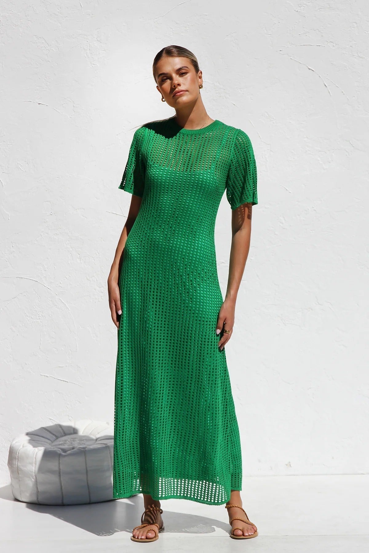 Round Neck Open Knit Crochet Short Sleeve Column Maxi Dress 32