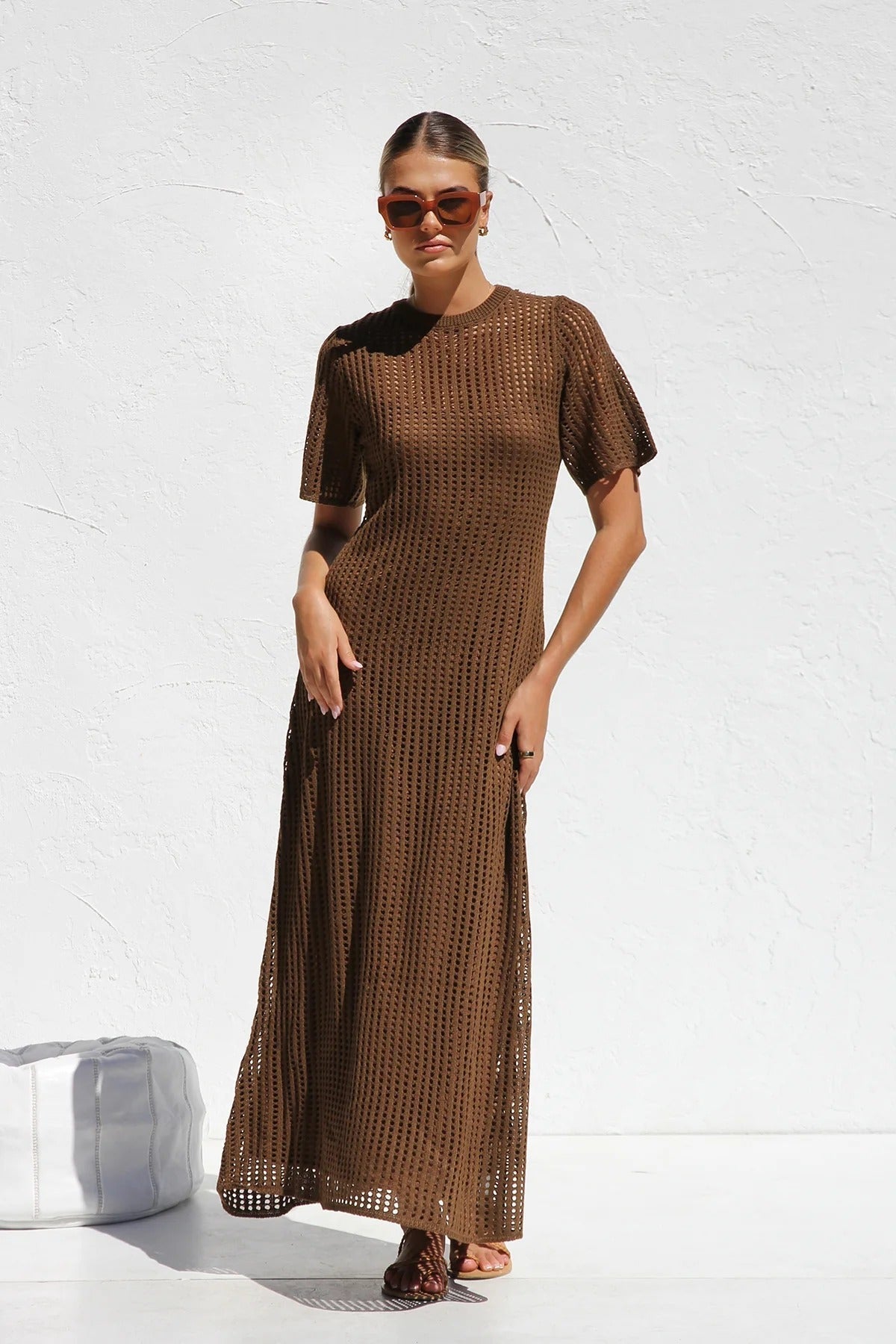 Round Neck Open Knit Crochet Short Sleeve Column Maxi Dress 36