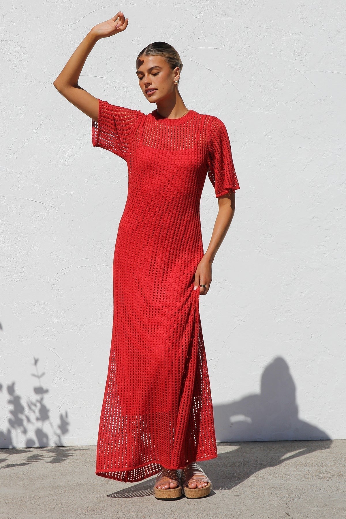 Round Neck Open Knit Crochet Short Sleeve Column Maxi Dress 44