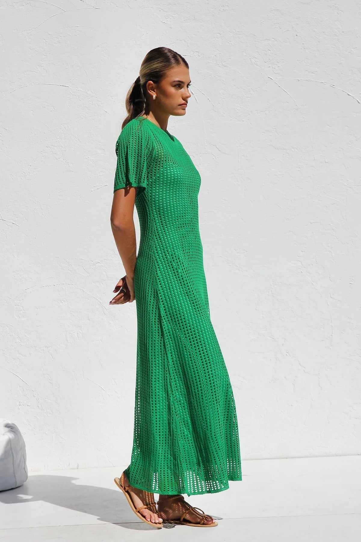 Round Neck Open Knit Crochet Short Sleeve Column Maxi Dress 29
