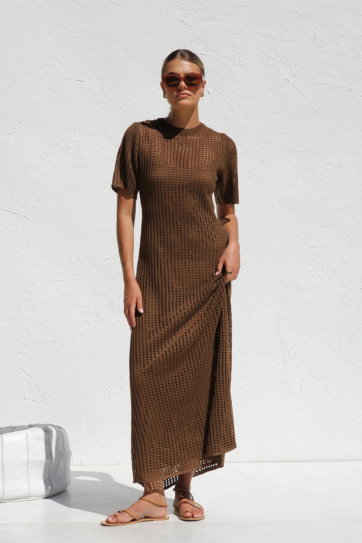 Round Neck Open Knit Crochet Short Sleeve Column Maxi Dress 37