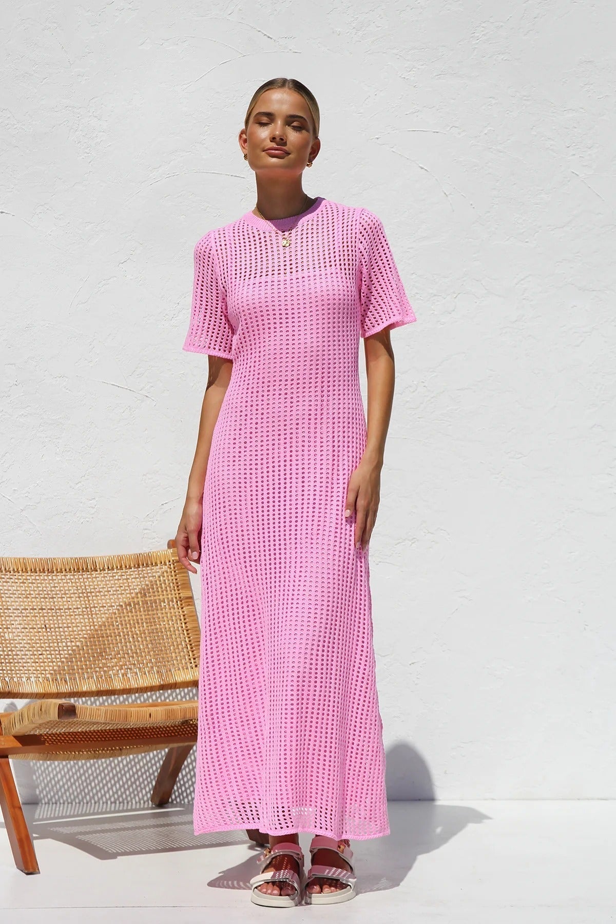 Round Neck Open Knit Crochet Short Sleeve Column Maxi Dress 22