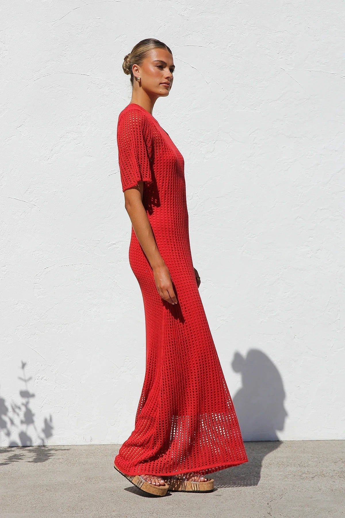 Round Neck Open Knit Crochet Short Sleeve Column Maxi Dress 45