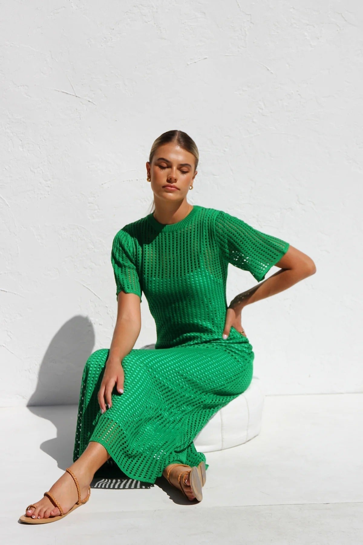 Round Neck Open Knit Crochet Short Sleeve Column Maxi Dress 30