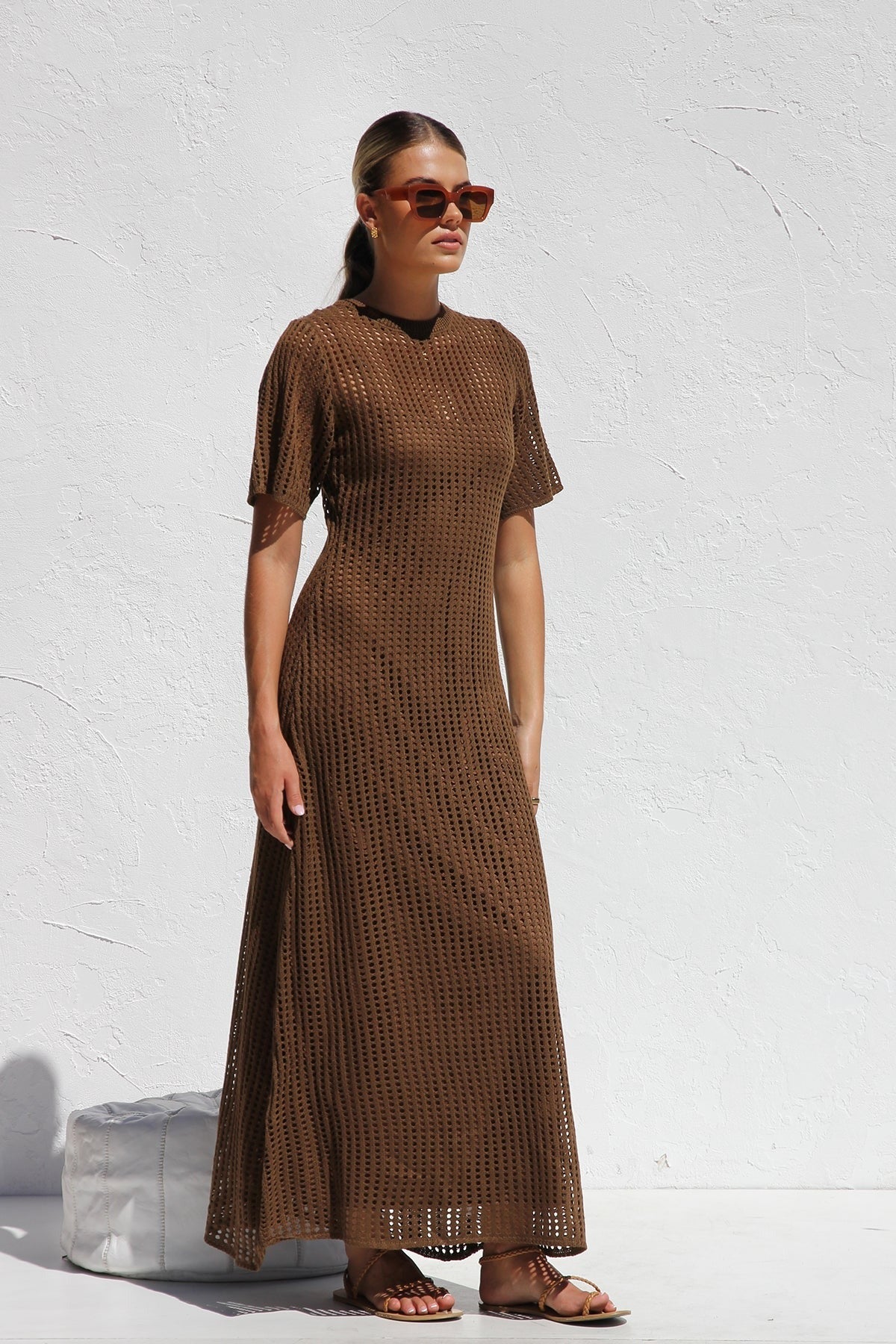 Round Neck Open Knit Crochet Short Sleeve Column Maxi Dress 38