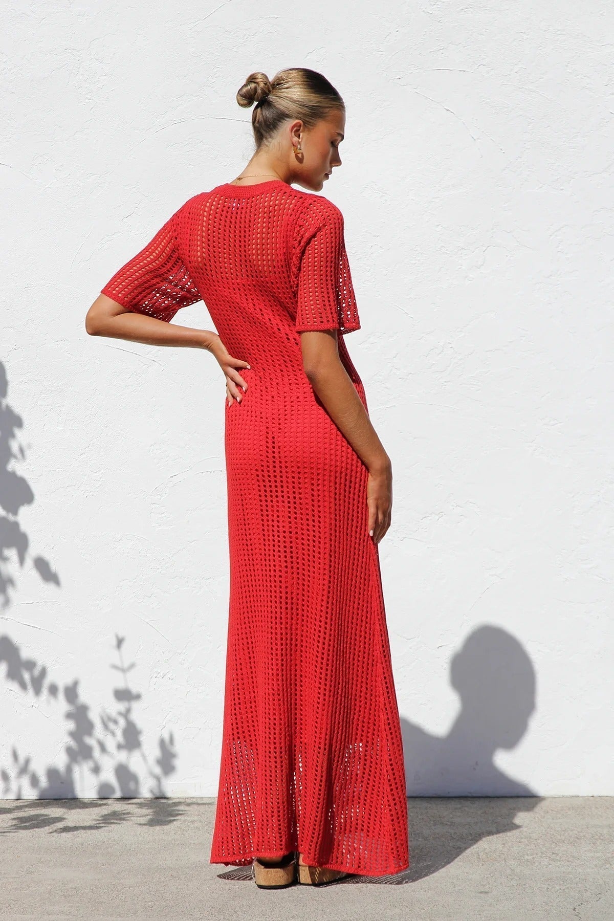 Round Neck Open Knit Crochet Short Sleeve Column Maxi Dress 46
