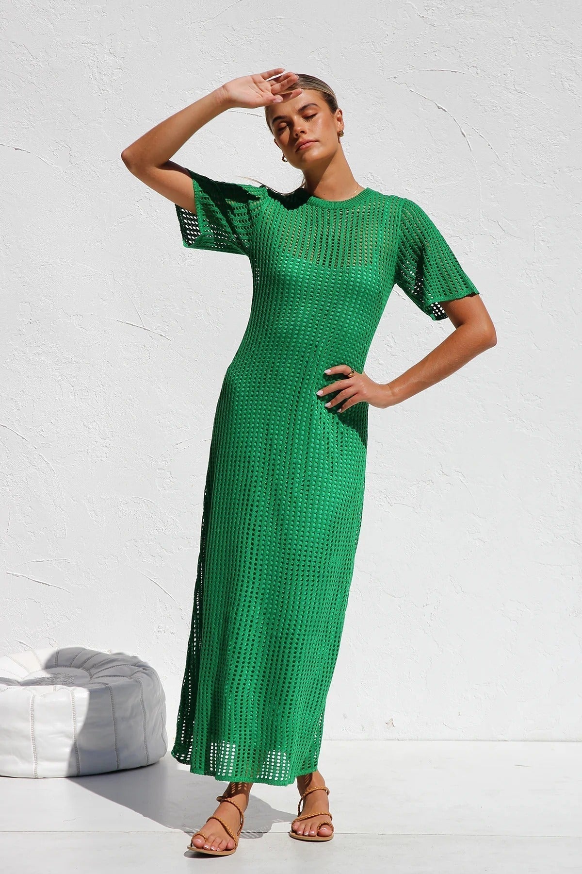 Round Neck Open Knit Crochet Short Sleeve Column Maxi Dress 33