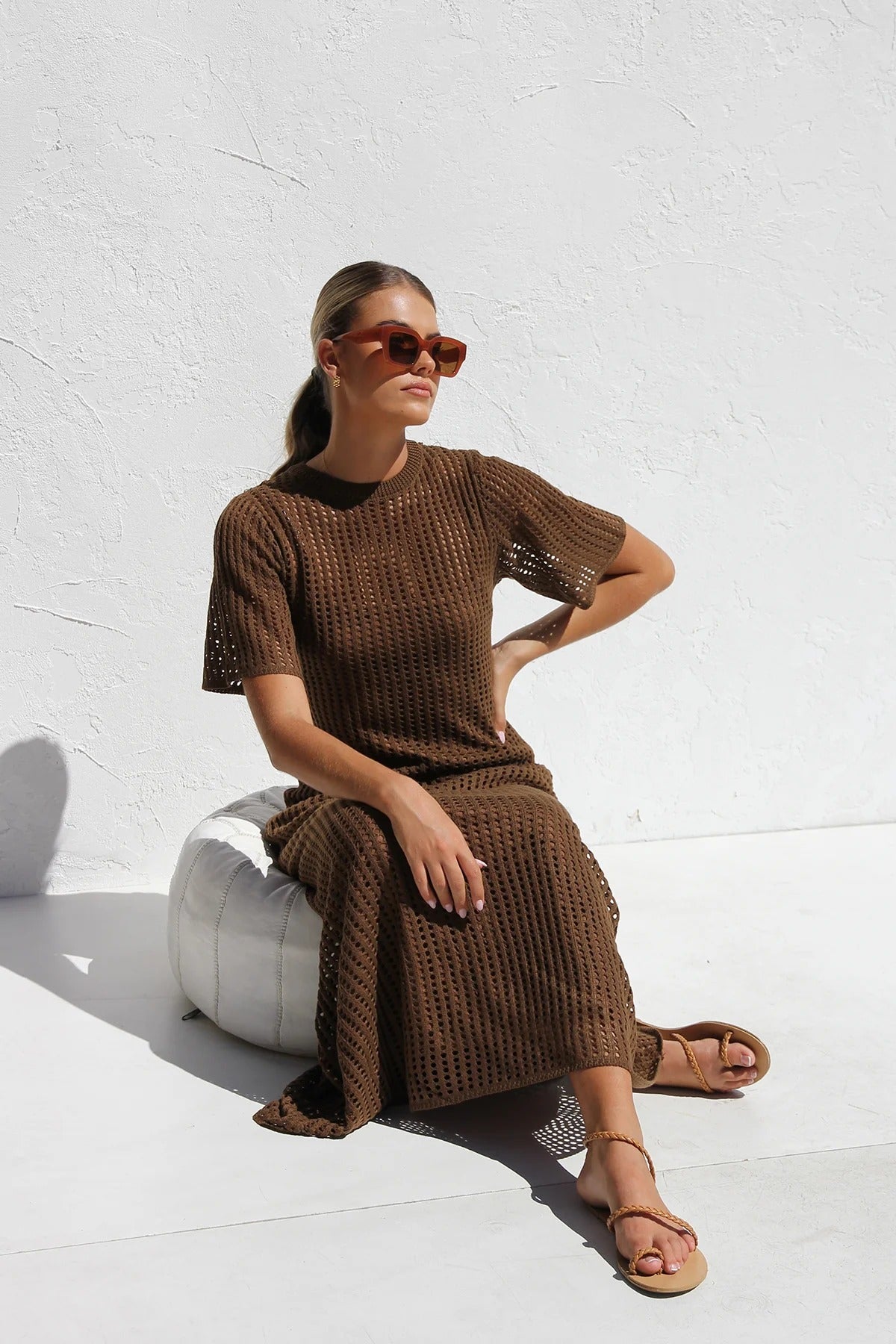 Round Neck Open Knit Crochet Short Sleeve Column Maxi Dress 39