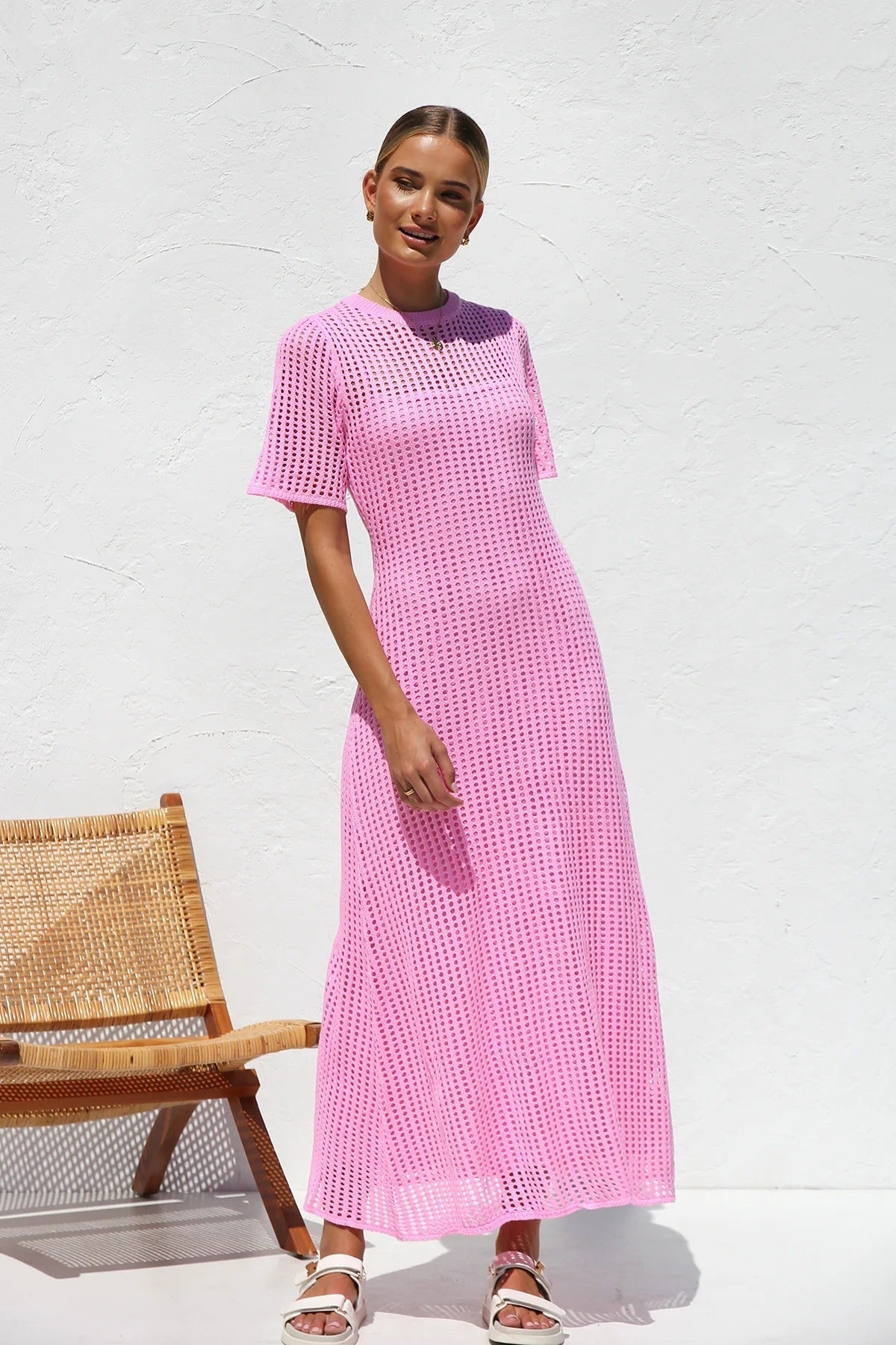 Round Neck Open Knit Crochet Short Sleeve Column Maxi Dress 24