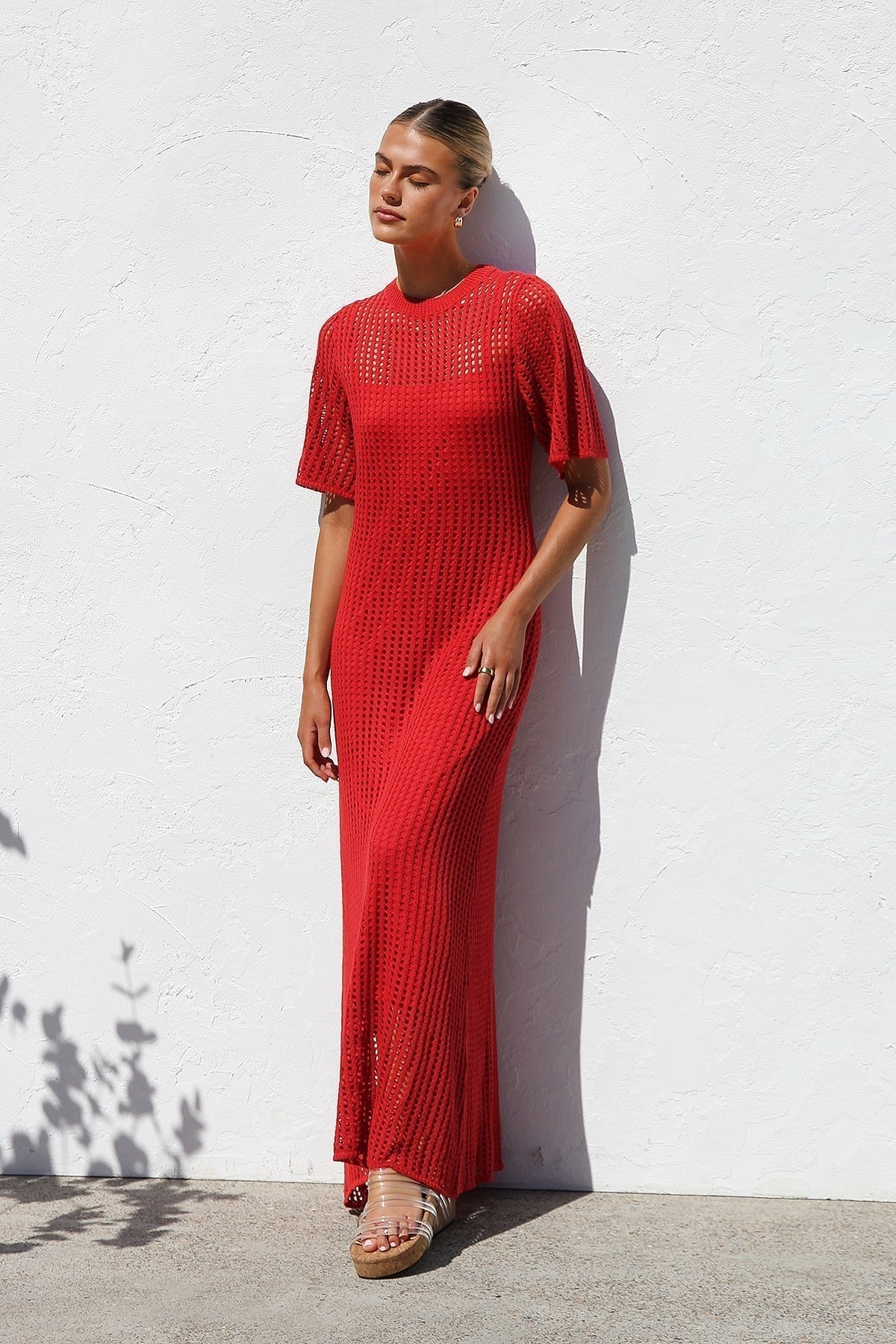Round Neck Open Knit Crochet Short Sleeve Column Maxi Dress 47