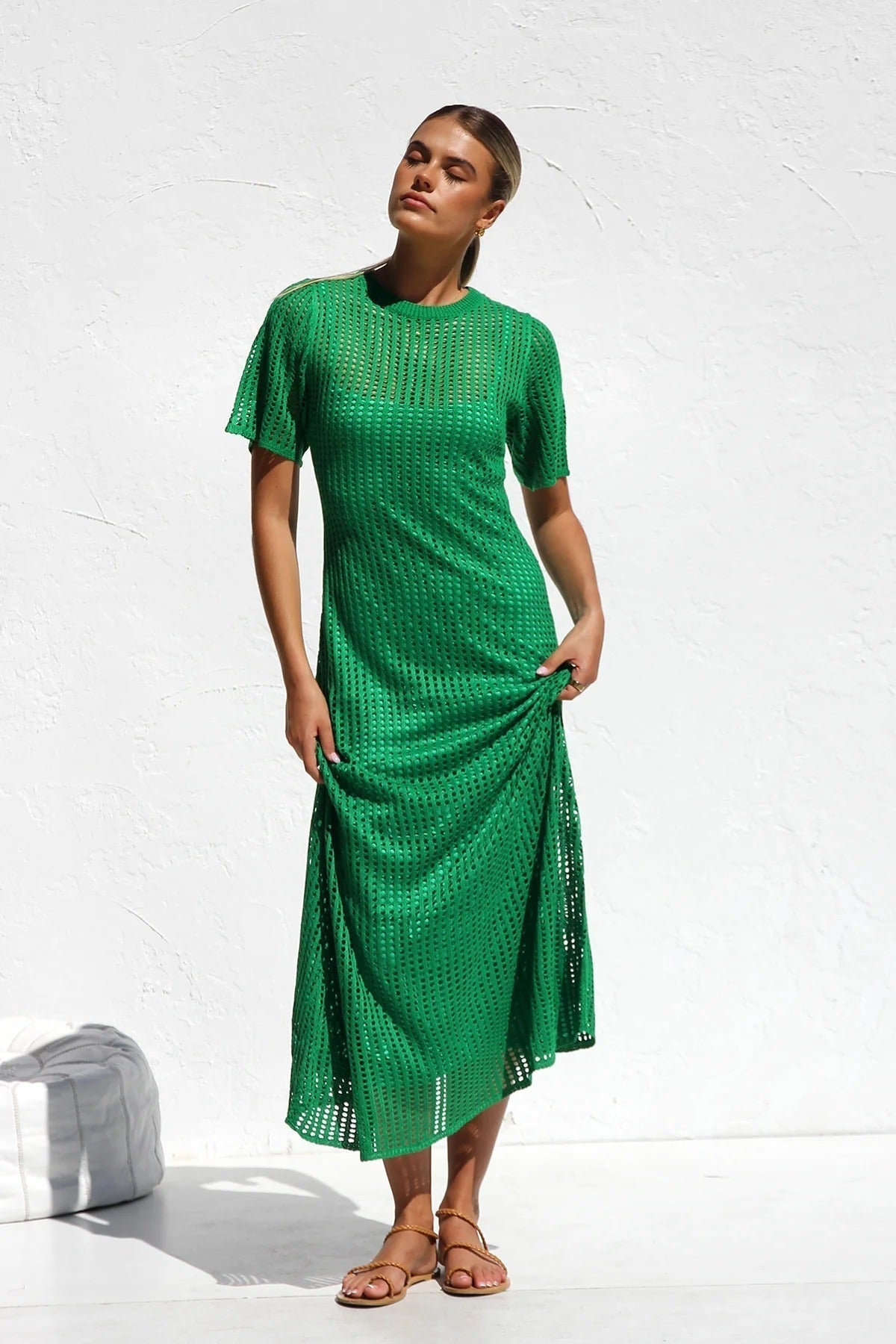 Round Neck Open Knit Crochet Short Sleeve Column Maxi Dress 31