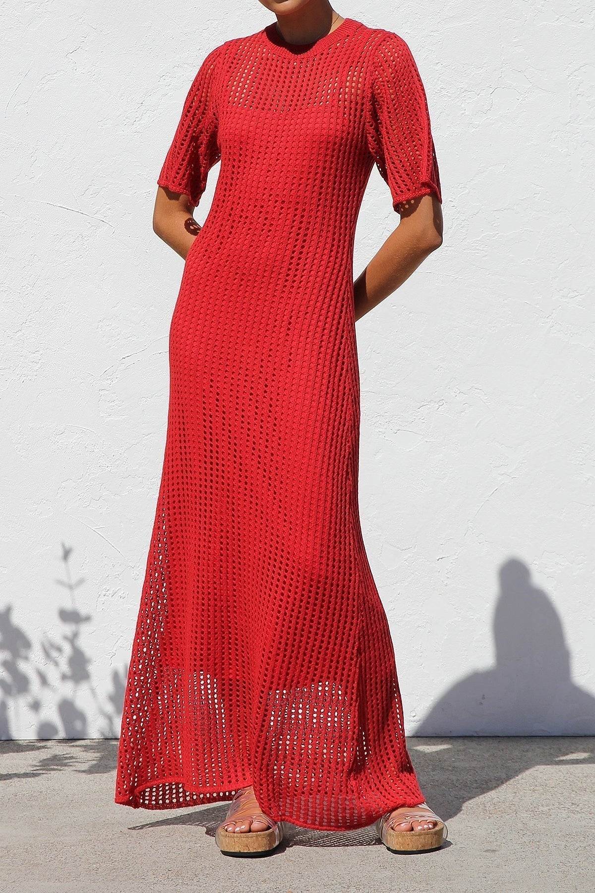 Round Neck Open Knit Crochet Short Sleeve Column Maxi Dress 48