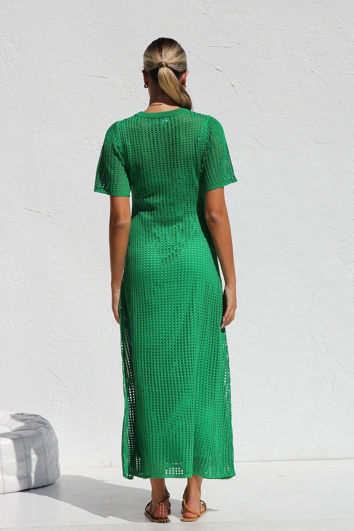 Round Neck Open Knit Crochet Short Sleeve Column Maxi Dress 34