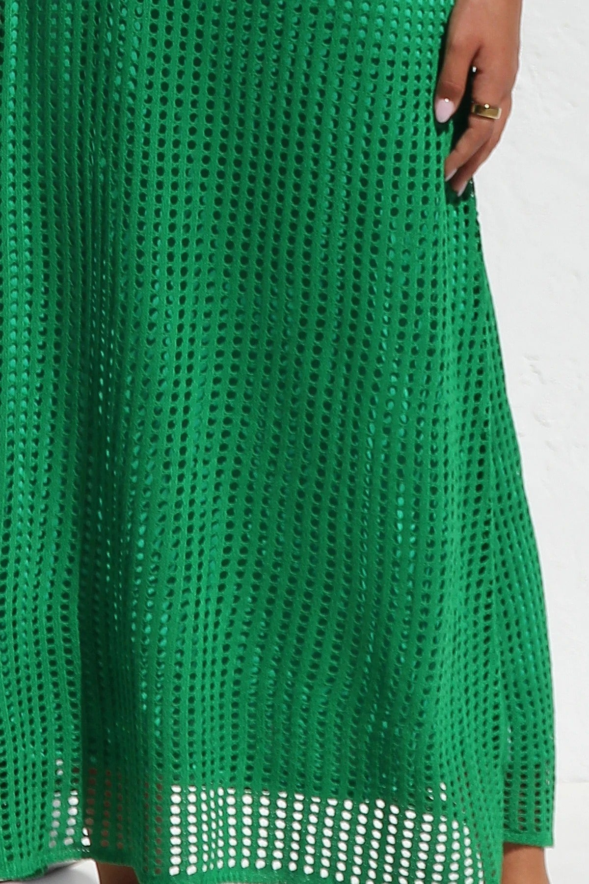 Round Neck Open Knit Crochet Short Sleeve Column Maxi Dress 35