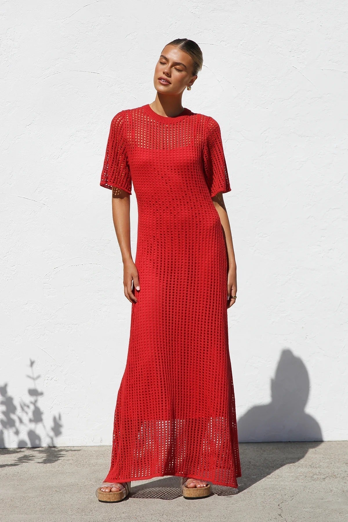 Round Neck Open Knit Crochet Short Sleeve Column Maxi Dress 49