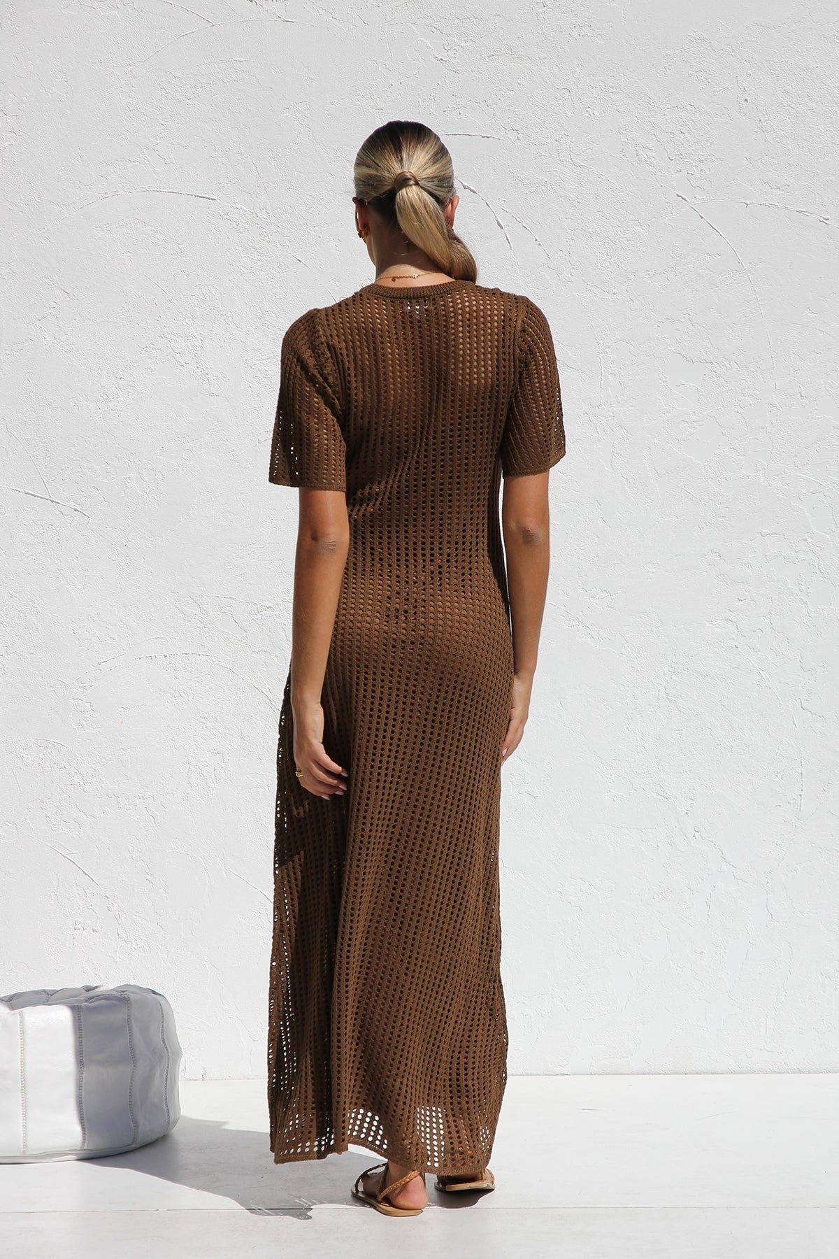 Round Neck Open Knit Crochet Short Sleeve Column Maxi Dress 42
