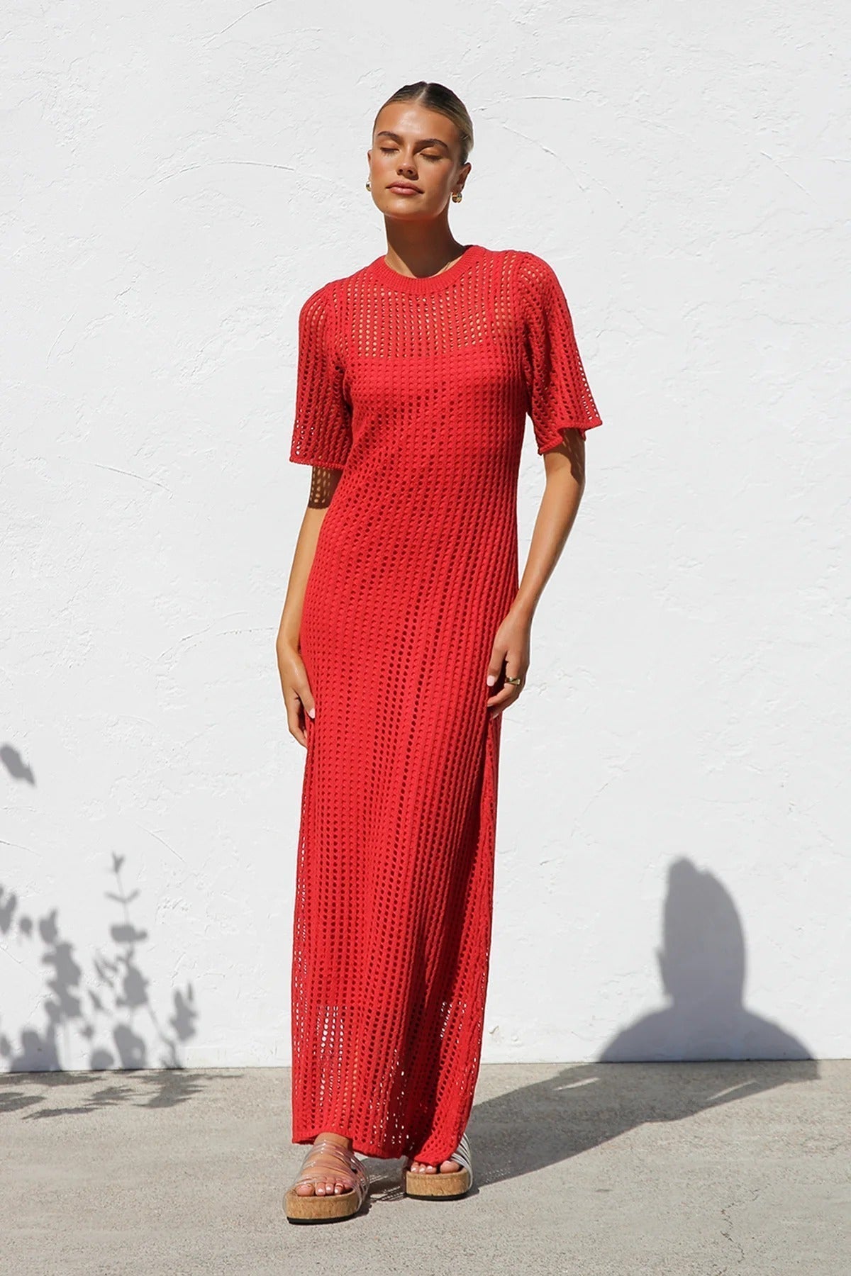 Round Neck Open Knit Crochet Short Sleeve Column Maxi Dress 50