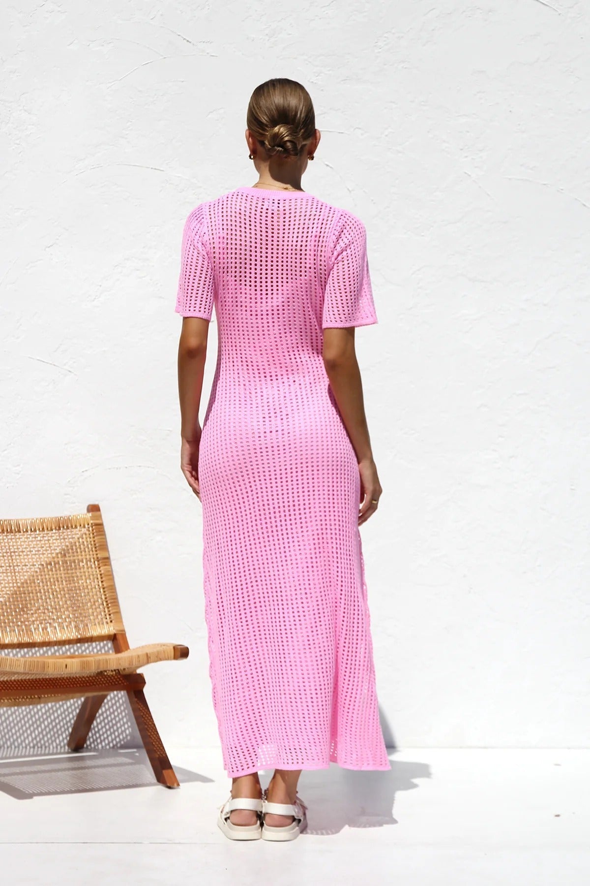 Round Neck Open Knit Crochet Short Sleeve Column Maxi Dress 27