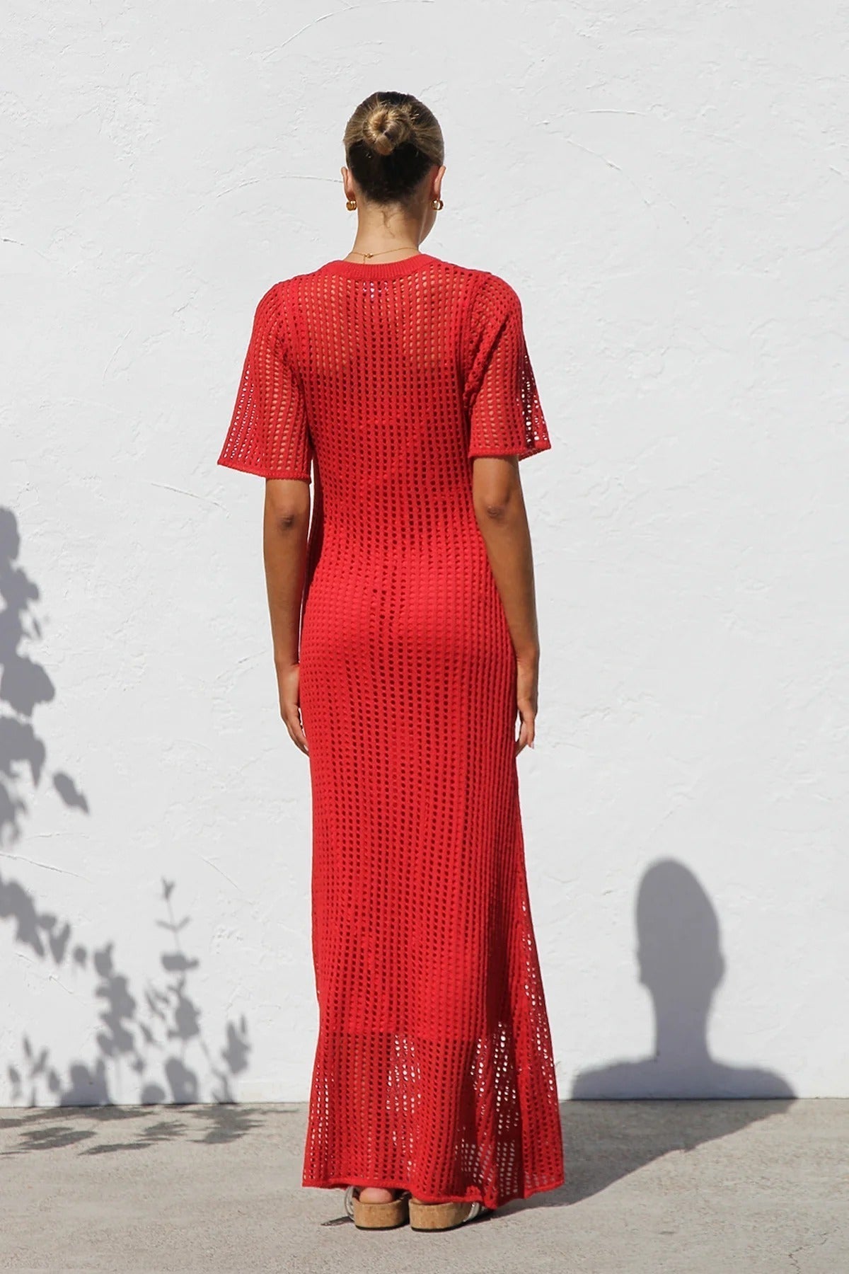 Round Neck Open Knit Crochet Short Sleeve Column Maxi Dress 52