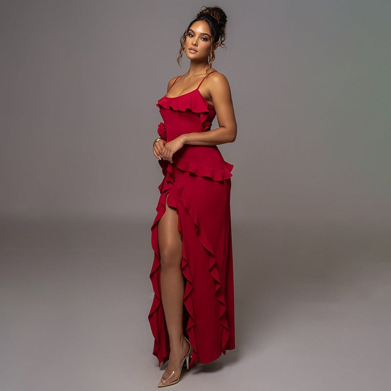 Red Cold Shoulder Ruffle Trim Rosette High Slit Maxi Dress