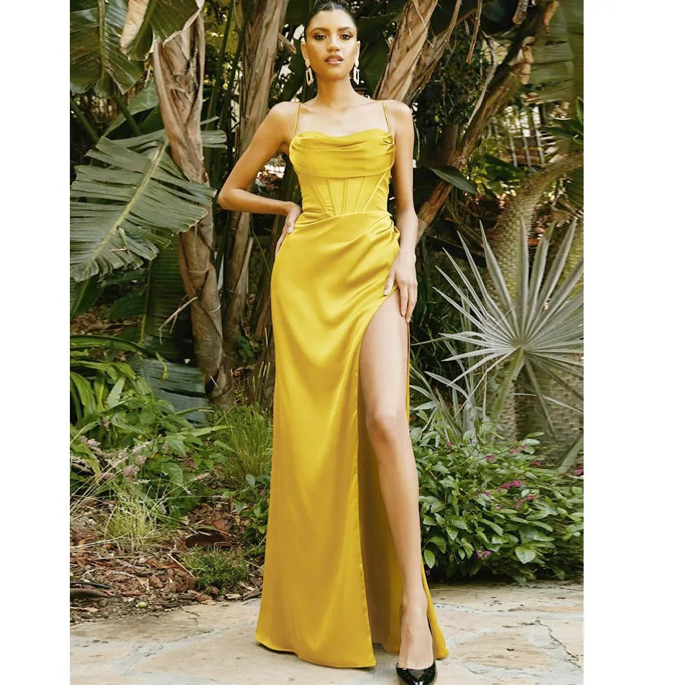 Spaghetti Strap Cowl Neck Satin Corset High Slit Maxi Gown