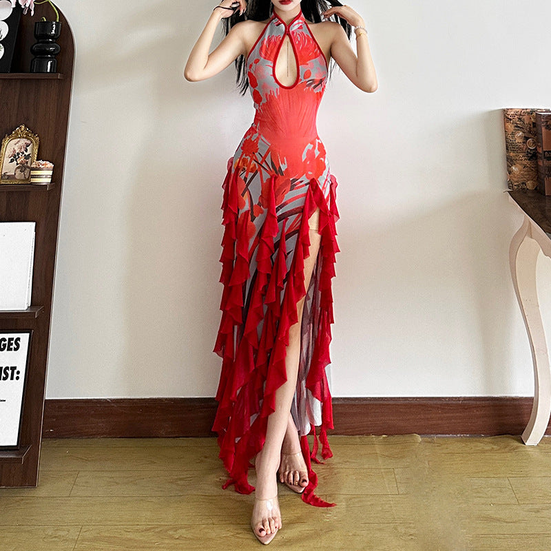 Red Halter Keyhole Floral Print Ruffle Trim High Slit Maxi Dress