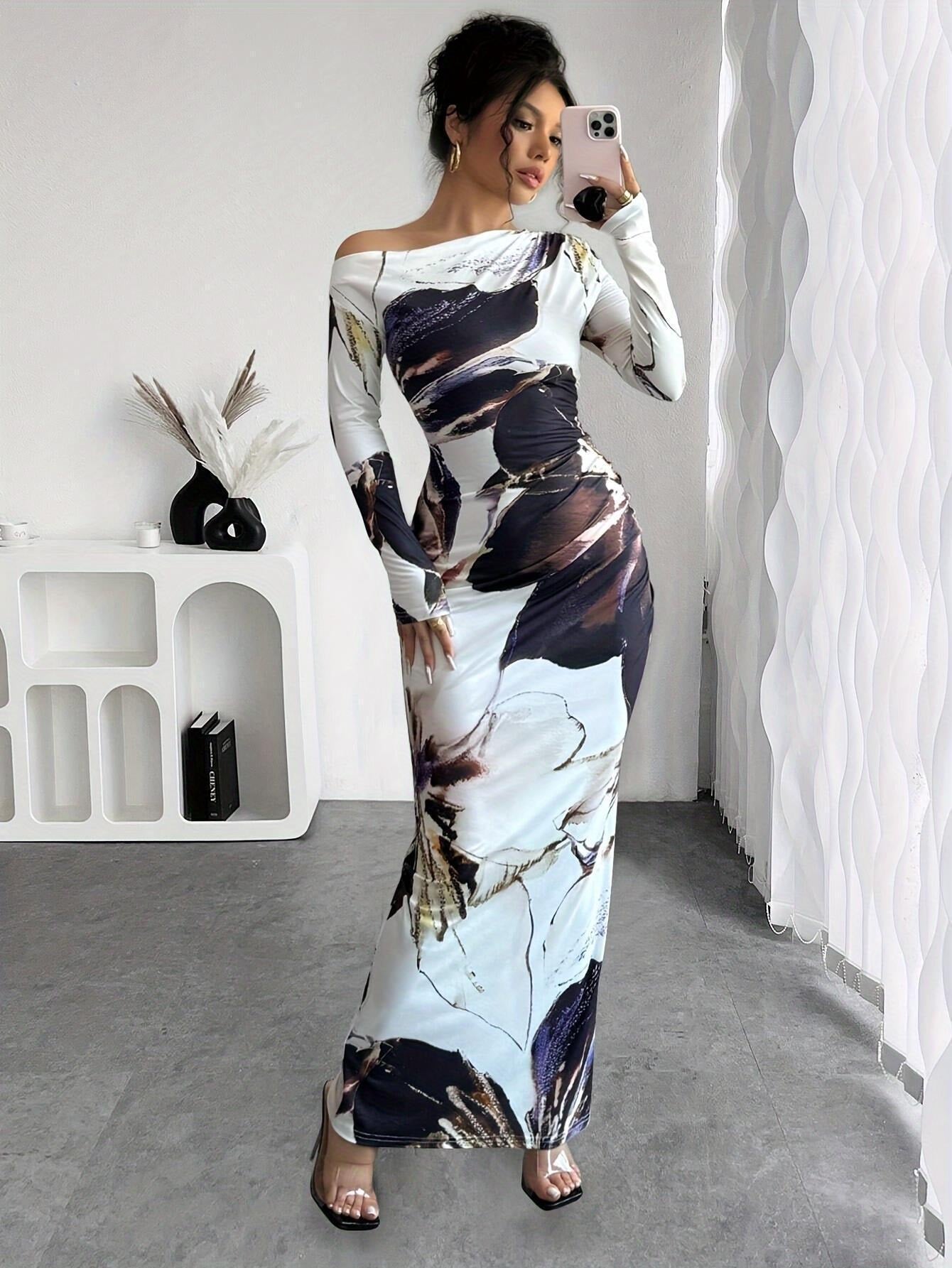 White Asymmetric Off-Shoulder Abstract Print Long Sleeve Ruched Bodycon Maxi Dress