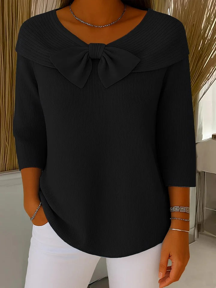 Foldover Collar Bow Front Ribbed Knit Sweater 6