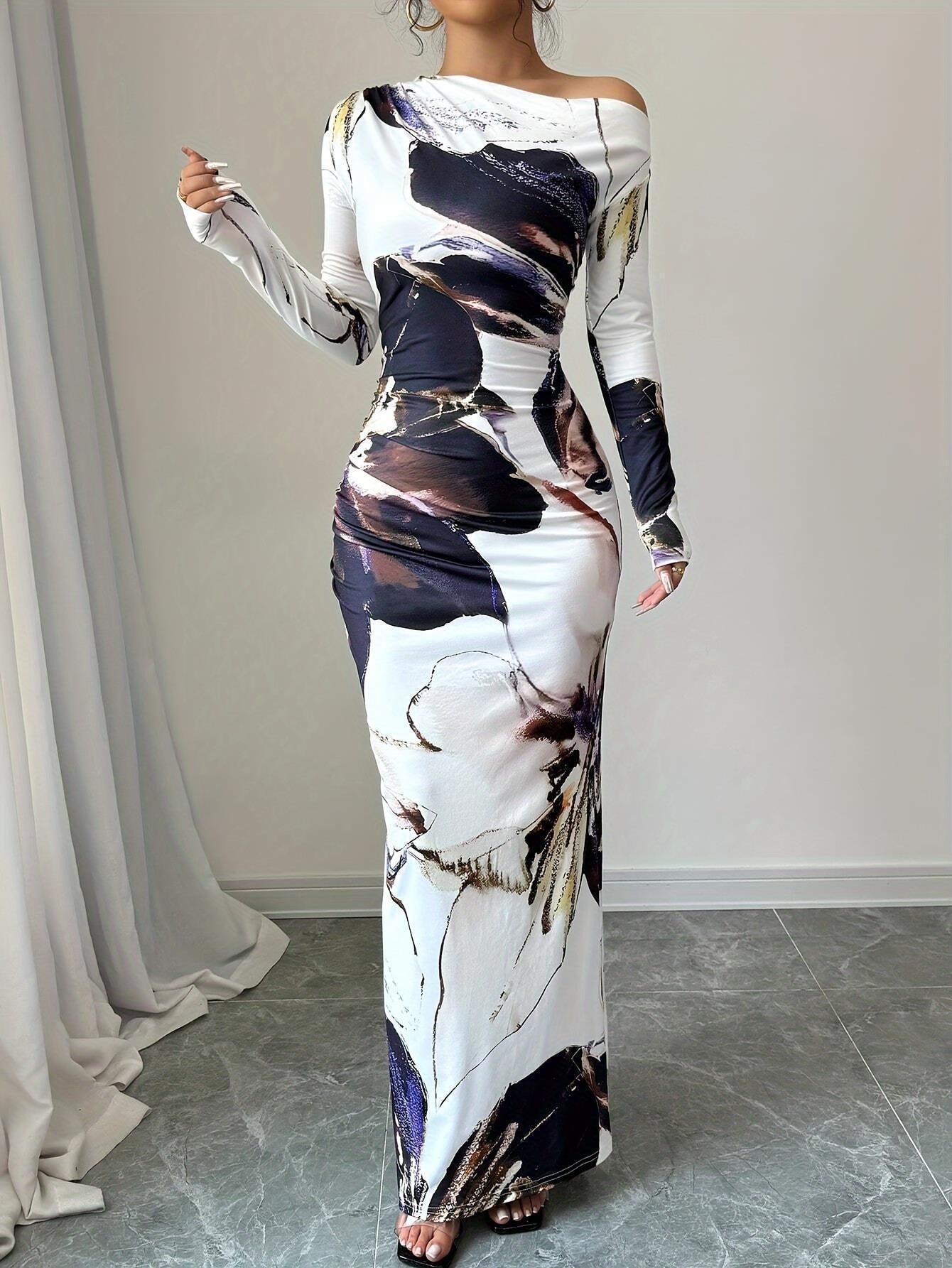 White Asymmetric Off-Shoulder Abstract Print Long Sleeve Ruched Bodycon Maxi Dress 5