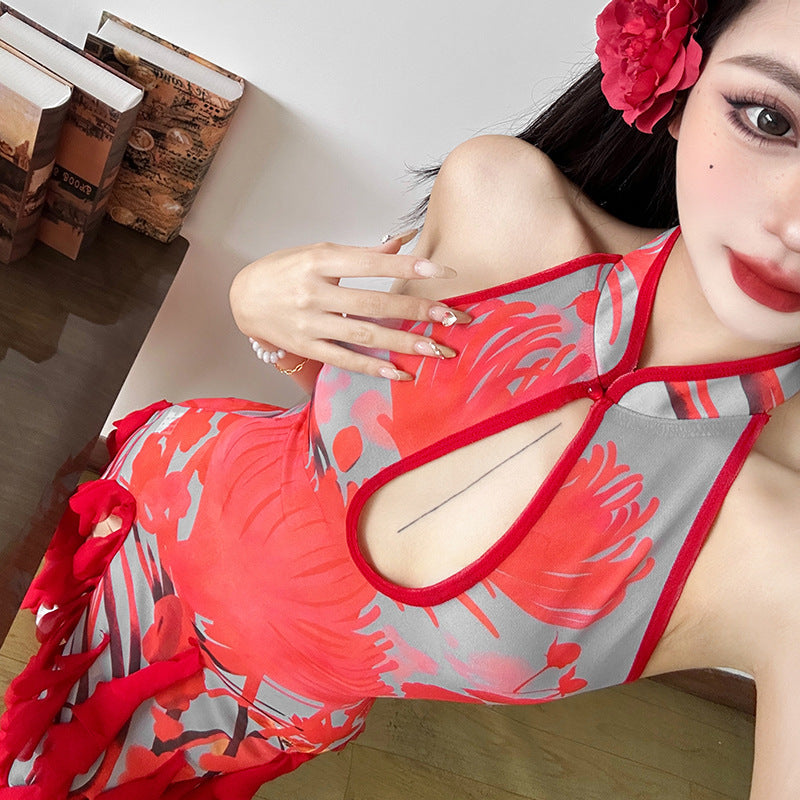 Red Halter Keyhole Floral Print Ruffle Trim High Slit Maxi Dress