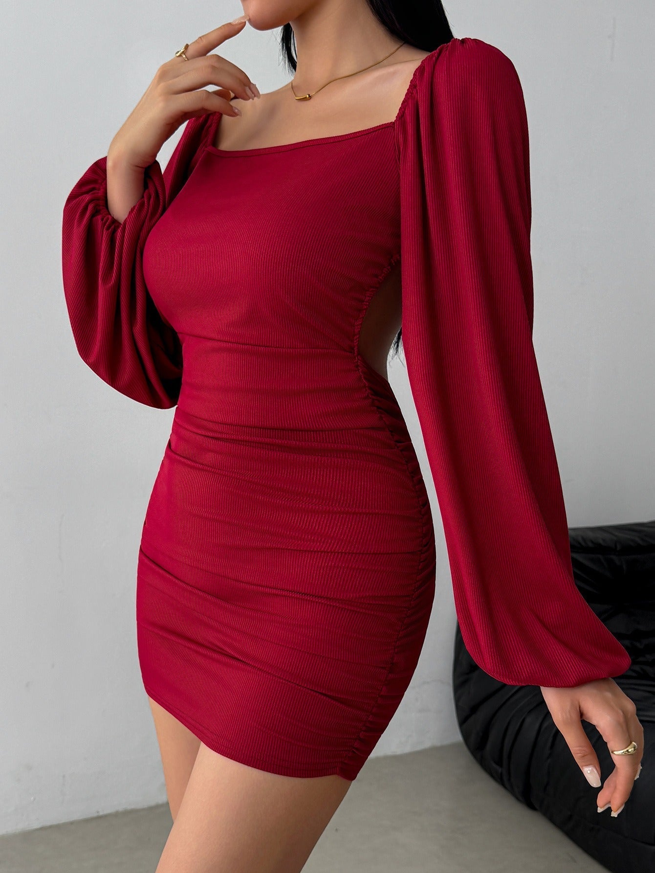 Red Square Neck Long Sleeve Ribbed Ruched Bodycon Mini Dress 2