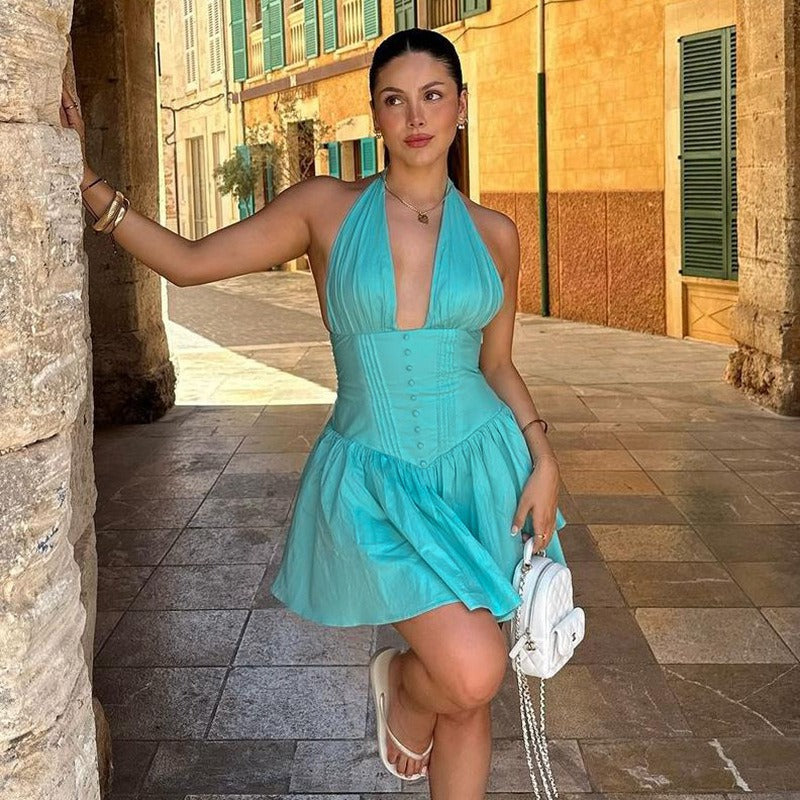 Halter Deep Plunge Button Front Ruffle Hem Flared Mini Dress