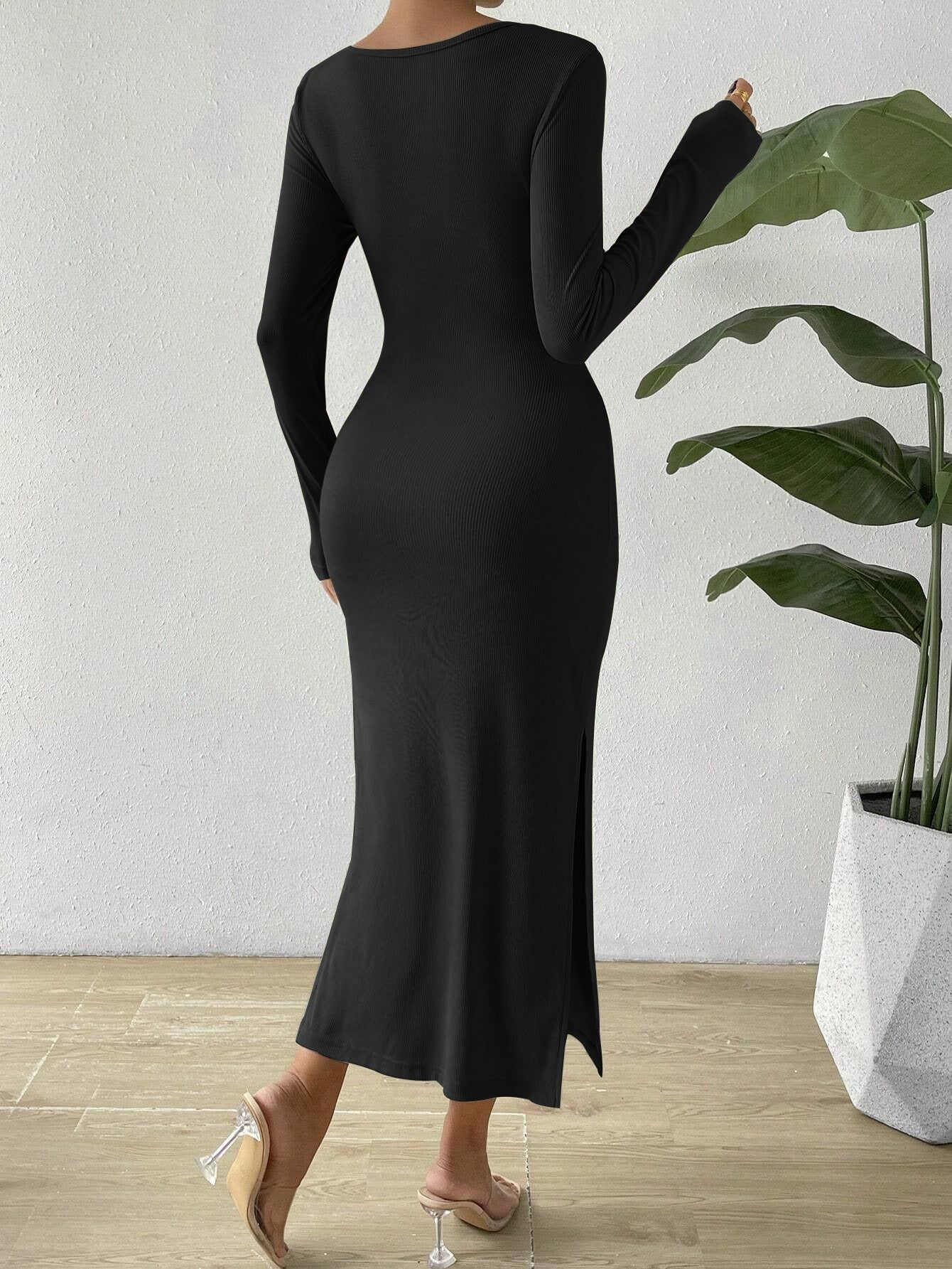 Black Round Neck Long Sleeve Twist Front Cutout Ribbed Slit Midi Dress