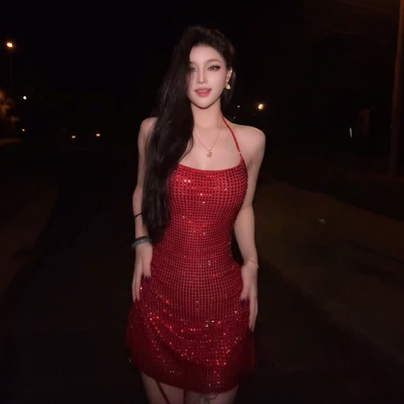 Scoop Neck Spaghetti Strap Sequin Backless Bodycon Mini Dress