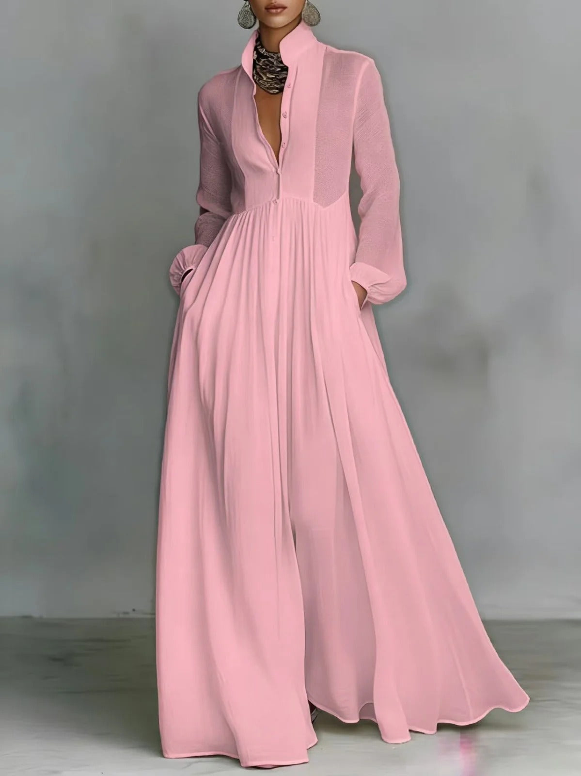 Light Pink Stand Collar Button Front Long Sleeve Chiffon Flowing Maxi Dress
