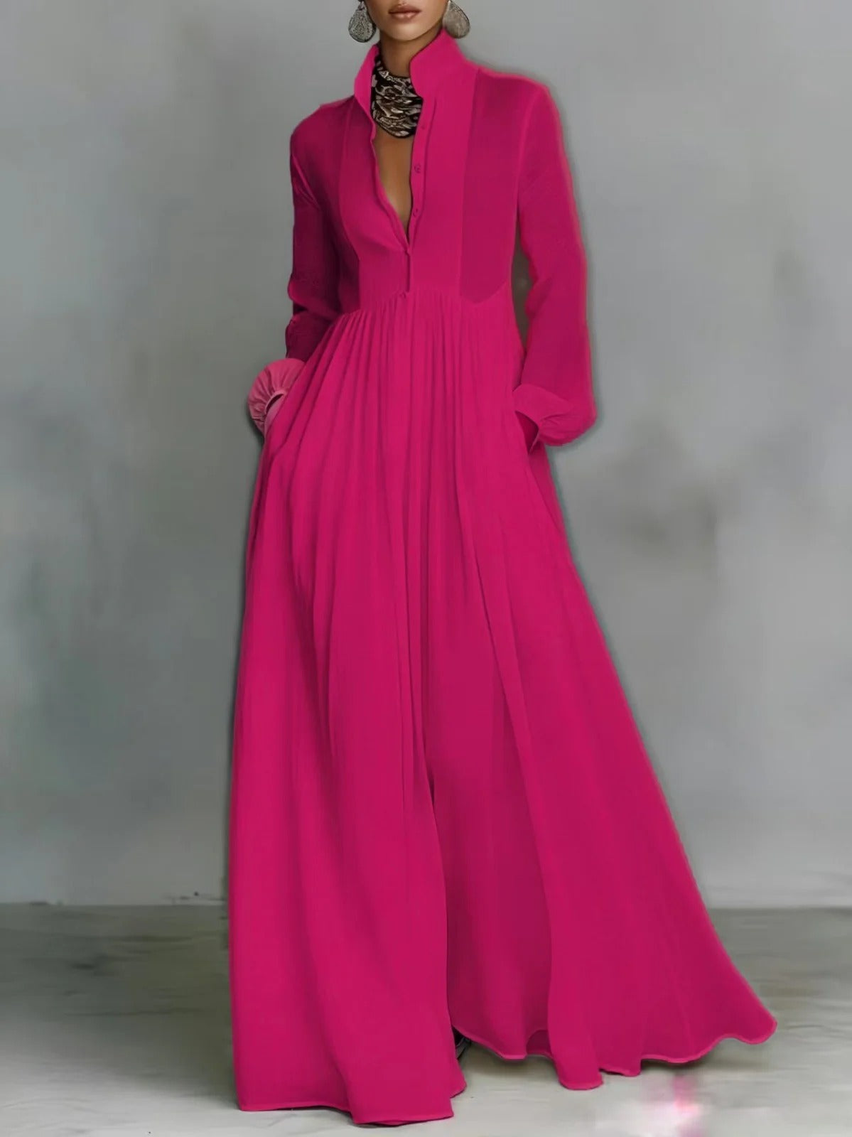 Dark Pink Stand Collar Button Front Long Sleeve Pocket Flowy Maxi Dress
