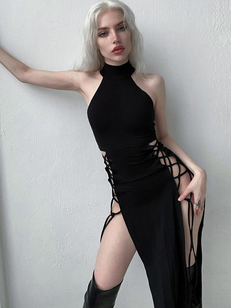 Hollow out sleeveless lace up slit solid maxi dress