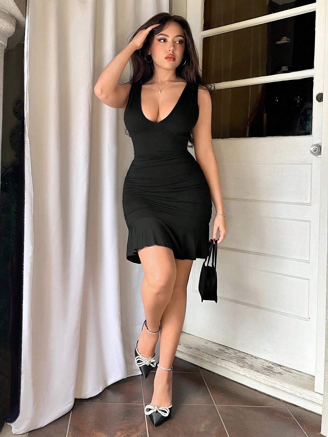 Black Plunge V-Neck Ruched Ruffle Hem Bodycon Mini Dress 2